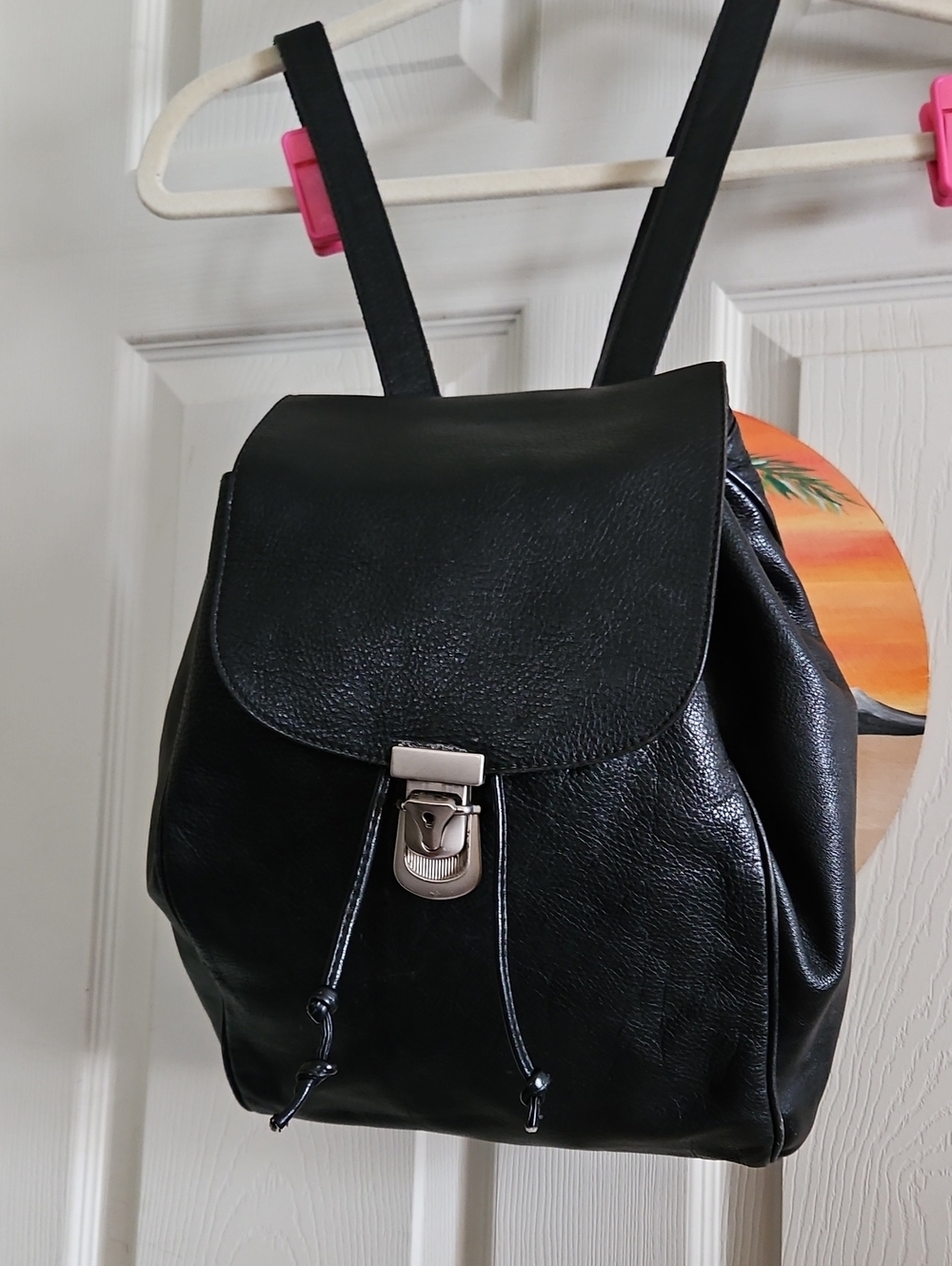 Ann Taylor Black Leather Backpack with Silver-Tone Lock (Vintage)